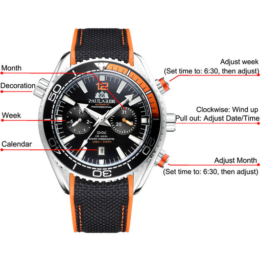 Paulareis Automatik Professioneller Taucher Chronograph Armbanduhr | ZrO2 Co-Axial Master Chronometer 600m | Schwarz & Orange Kautschukarmband Herrenuhr