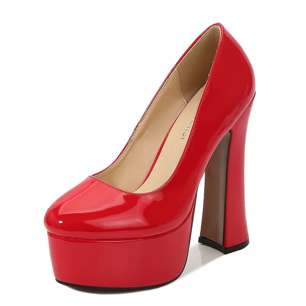Black Patent Leather Platform Chunky Block Heel Pumps | Women's Round Toe Slip-On High Heel Shoes | Glossy Ultra High Heels