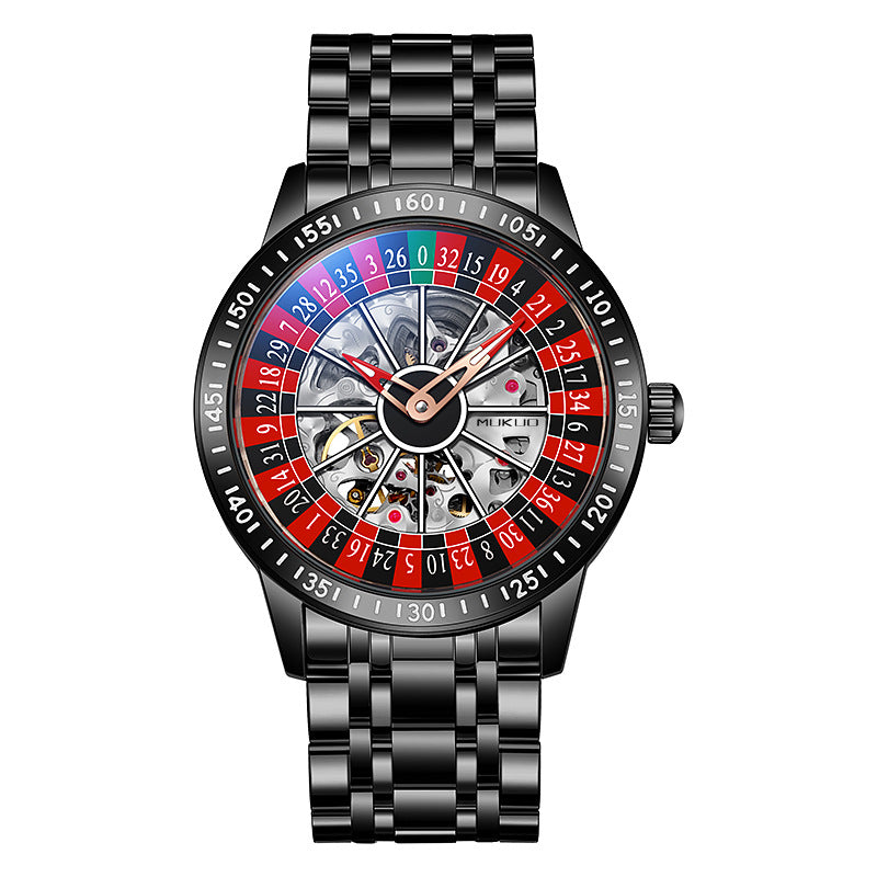 Roulette Wheel Skeleton Watch Men | Red Blue Casino Dial | Black Steel Bracelet | Hollow Tourbillon Style Automatic Watch
