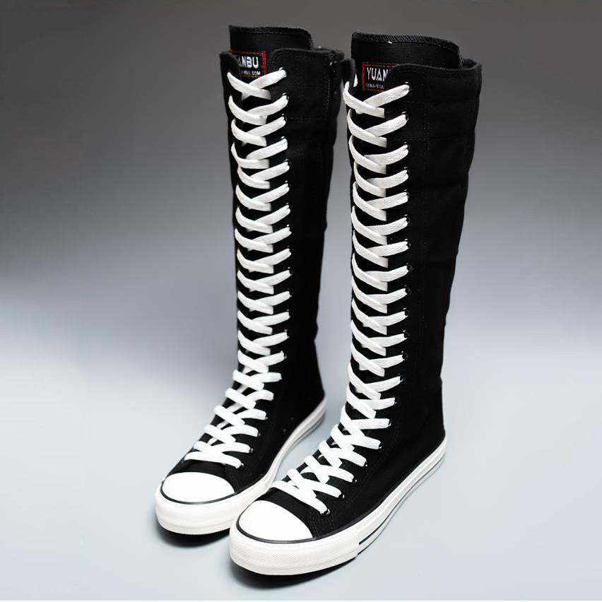 Stivali alti al ginocchio in tela bianca con lacci | Stivali sneaker alti con cerniera laterale | Scarpe alte da donna Punk Streetwear | Calzature in stile EMO Rock