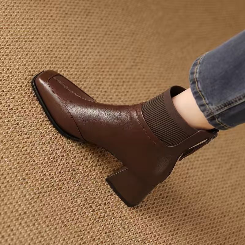 Black Leather Knit Sock Block Heel Ankle Boots with Square Toe | Chic Everyday Women's Boots