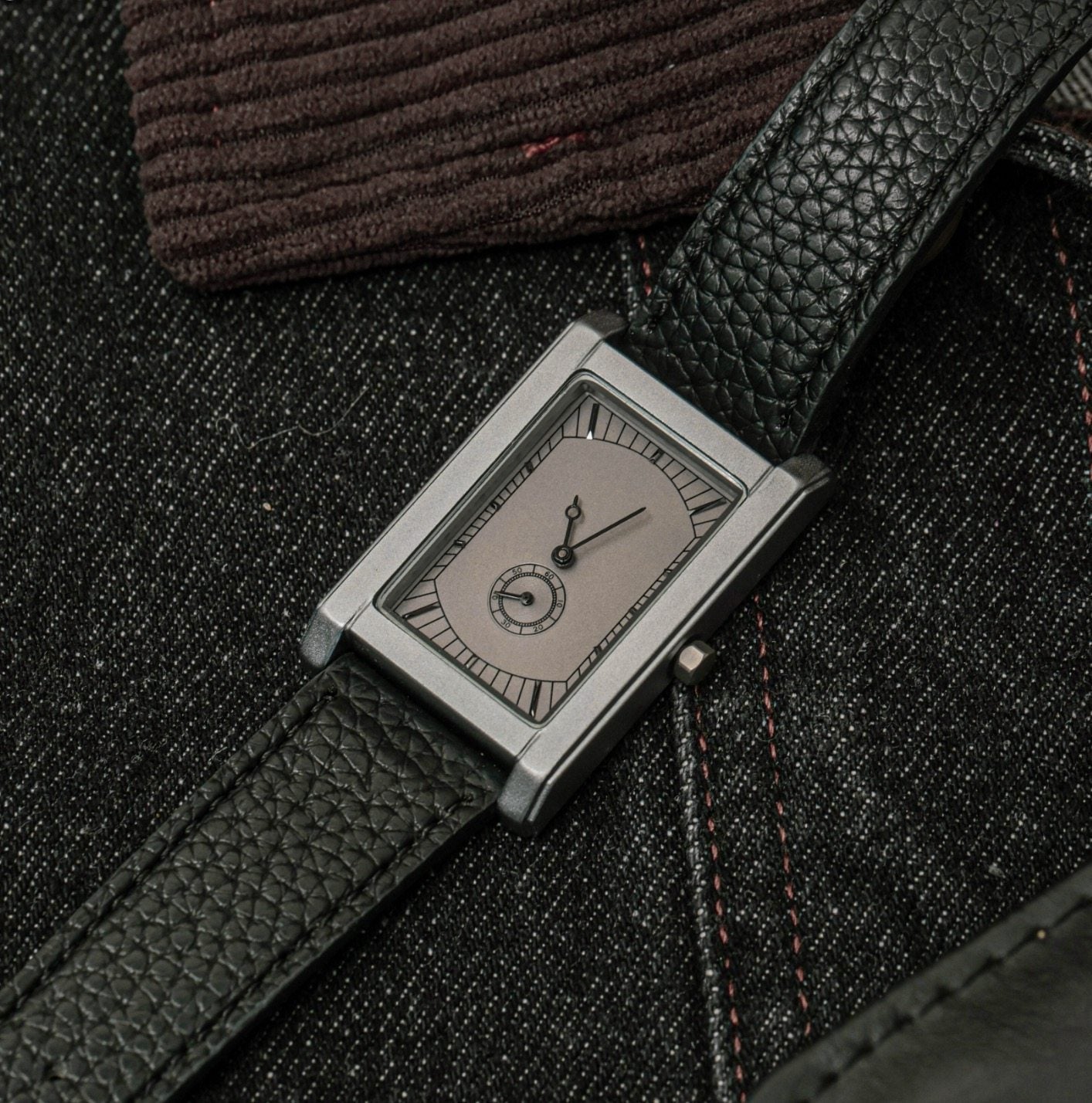 Vintage Rectangular Dress Watch | Minimalist Silver Dial Sub-Seconds | Black Leather Strap