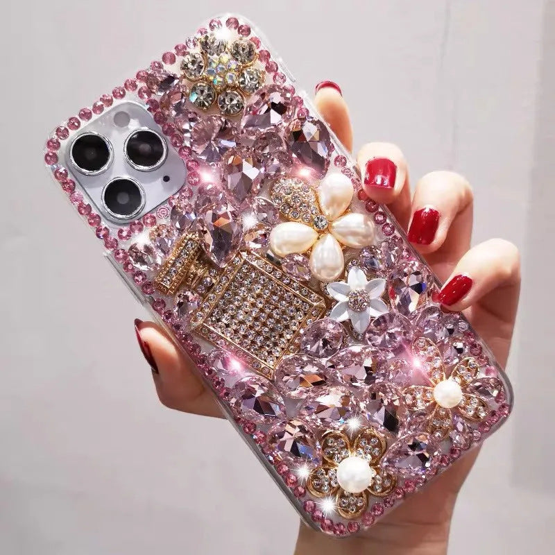 Luxury Bling Rhinestone Phone Case with Red Crystal Gems, Pearl Flowers & Perfume Bottle Design | Glitter Diamond Cover for iPhone