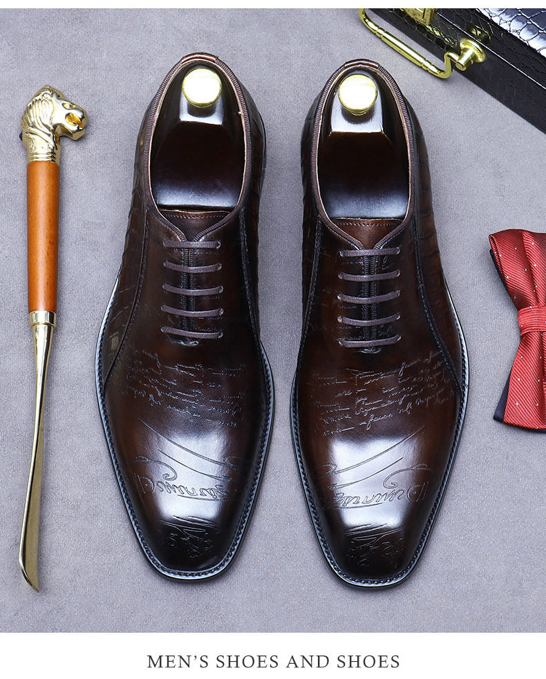 Men's Tan Hand-Painted Script Engraved Luxury Oxford Shoes