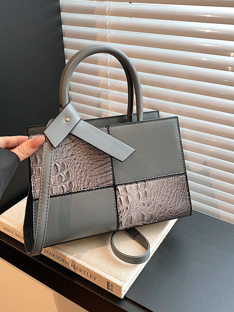 White Croc Embossed Color Block Tote Bag | Women's Luxury Style Top Handle Crossbody Handbag