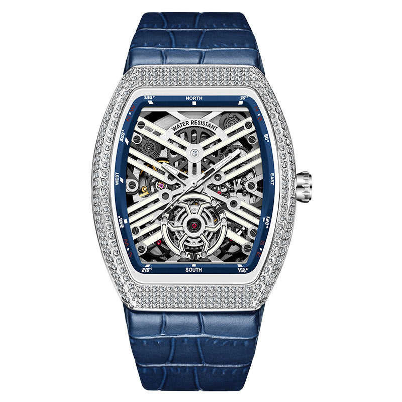 Iced Out Tonneau Skeleton Men's Watch | Diamond Pave Bezel Black Dial Circuit Movement Compass Leather Strap Luxury Timepiece