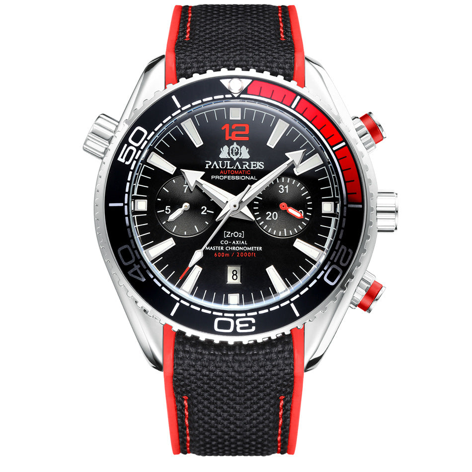 Paulareis Automatic Professional Diver Chronograph Watch | ZrO2 Co-Axial Master Chronometer 600m | Black & Orange Rubber Strap Men's Watch