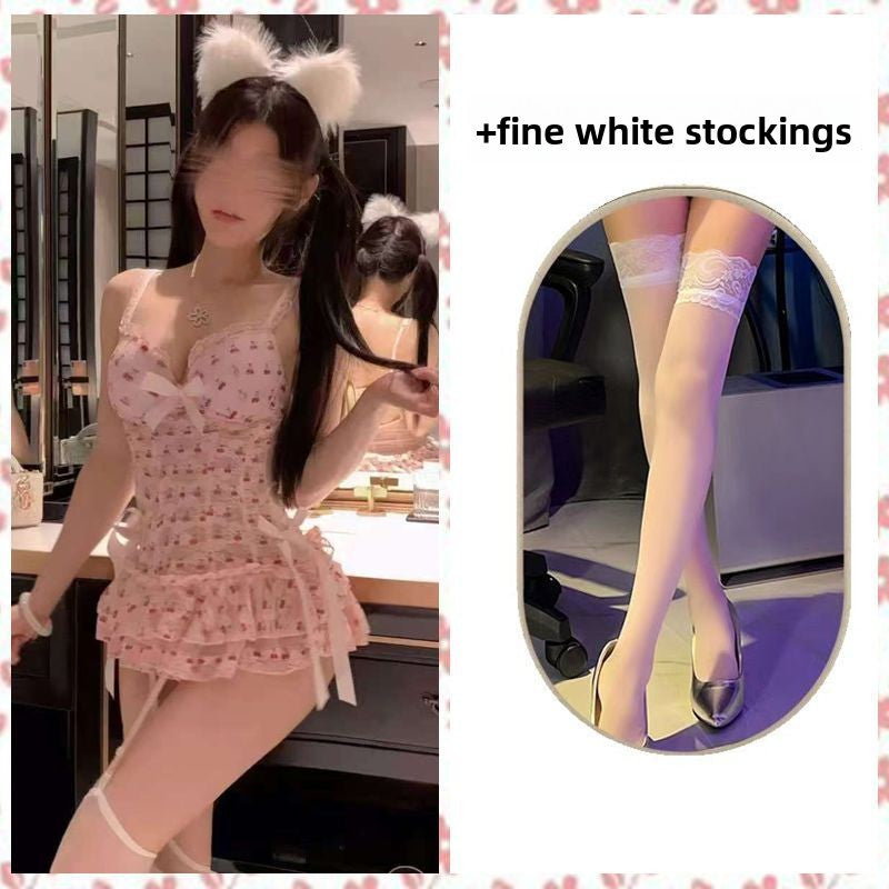 Women's Pink Cherry Print Lace Corset Cami and Ruffle Skirt Lingerie Set Kawaii Bow Garter Belt Thigh High Stockings Bear Ear Set
