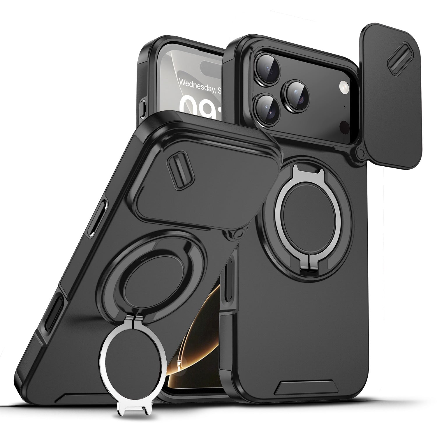 Navy Blue Armor Phone Case with Ring Stand, Sliding Camera Cover and Magnetic Kickstand, Heavy Duty Shockproof Protection