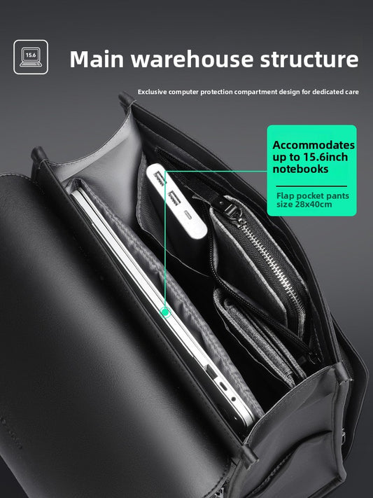 Black Minimalist Leather Flap Backpack | Slim Structured Laptop Bag for Work, Travel & School