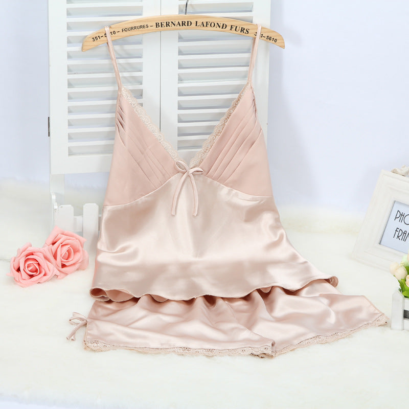 Satin Lace Trim Pajama Set | Cami Top & Shorts with Bow Detail | Silky Sleepwear for Women | Cream Loungewear Set
