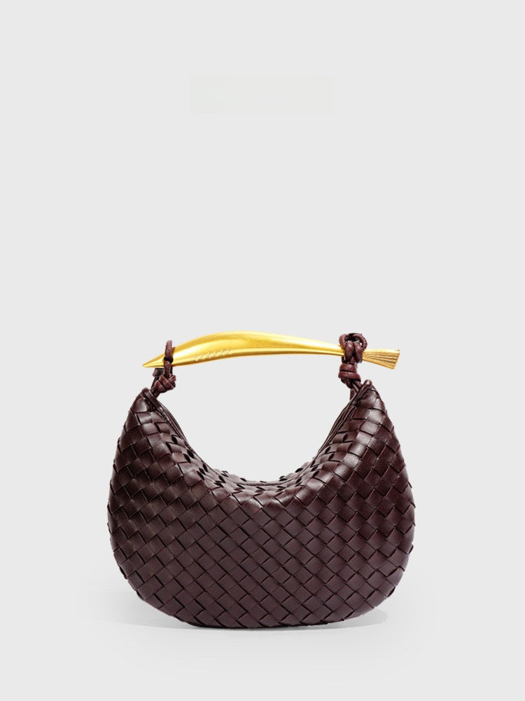 Burgundy Woven Leather Hobo Bag with Gold Handle | Intrecciato Crescent Shoulder Bag