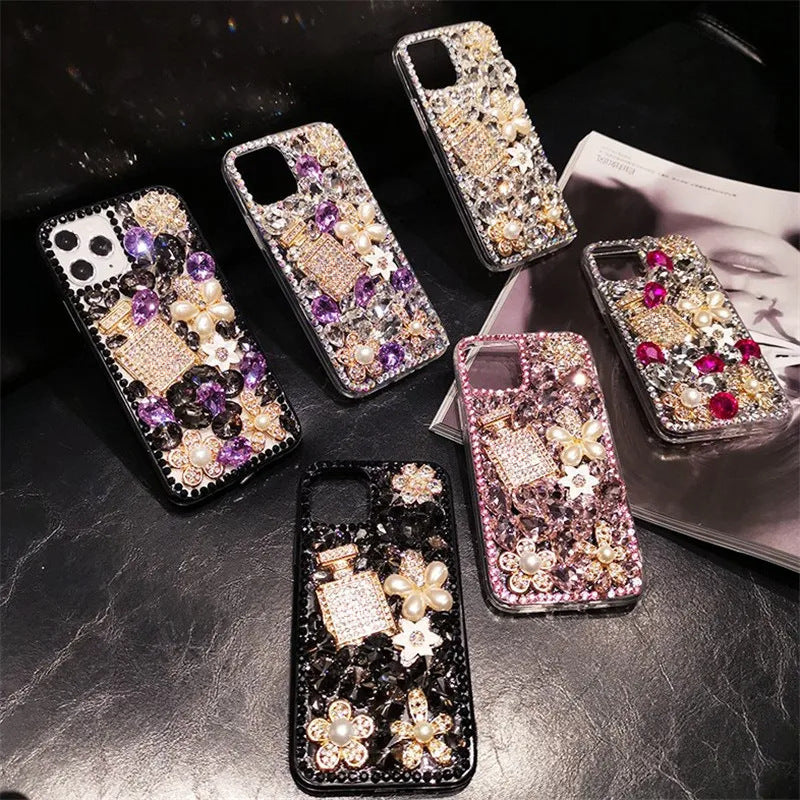 Luxury Bling Rhinestone Phone Case with Red Crystal Gems, Pearl Flowers & Perfume Bottle Design | Glitter Diamond Cover for iPhone