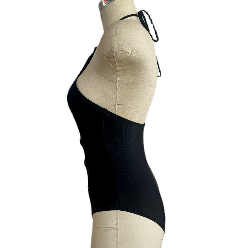 Women's Black Lace Up Halter One Piece Swimsuit with Cutout Design and High Cut Leg for Beach and Pool