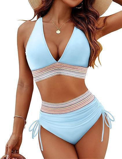 Black Chevron Crochet Panel Halter Bikini Set | Deep V Top & High Waist Drawstring Ruched Bottoms | Boho Tummy Control Two Piece Swimsuit Women