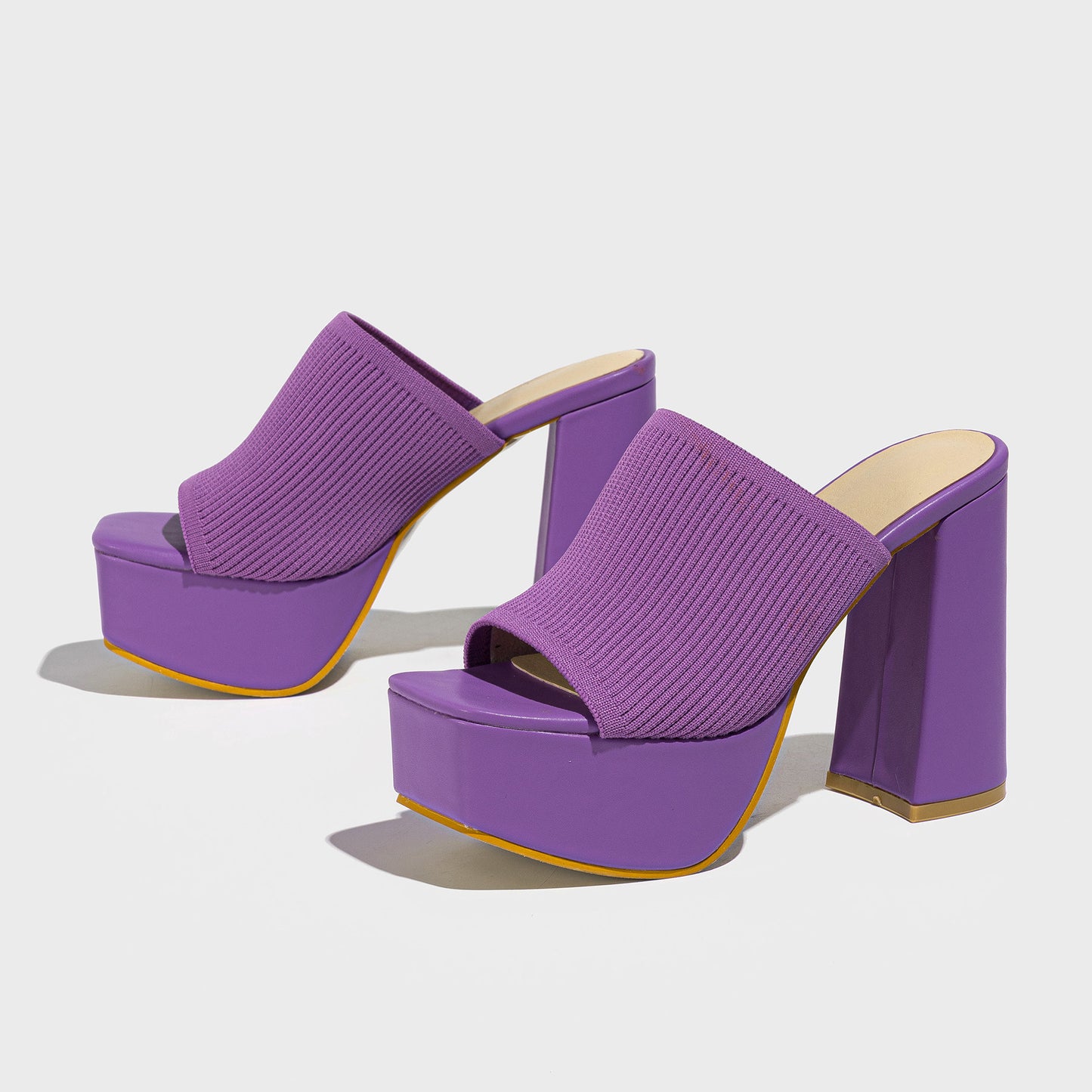 Black Knit Platform Mule Heels | Open Toe Chunky Block Heel Slides | Purple Platform Slip-On Heels for Women