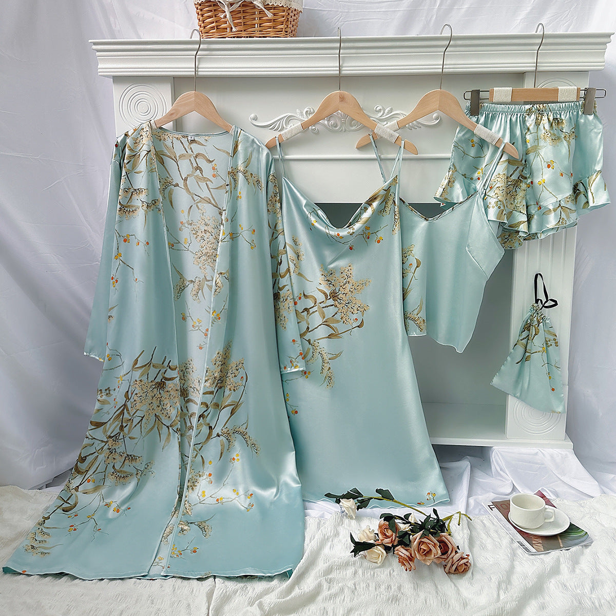 Women's 5-Piece Satin Floral Pyjama Set | Black Silk-Feel Robe, Slip Dress, Cami Top, Shorts & Bag | Luxury Sleepwear Gift Set