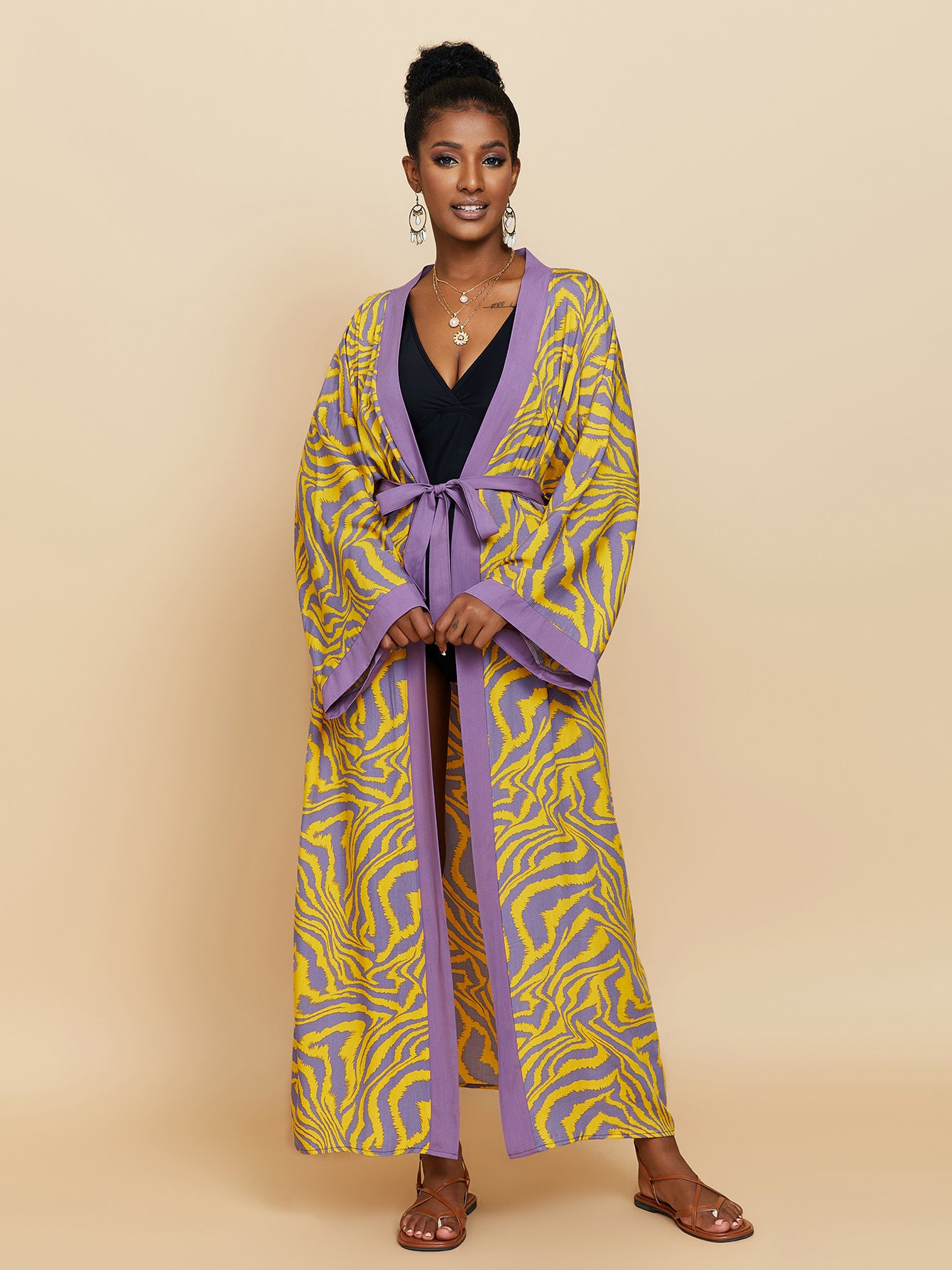 Women's Zebra Print Maxi Kimono Cover-Up | Long Belted Open Front Cardigan | Beach Pool Swimsuit Cover Up ? Black & White Animal Print