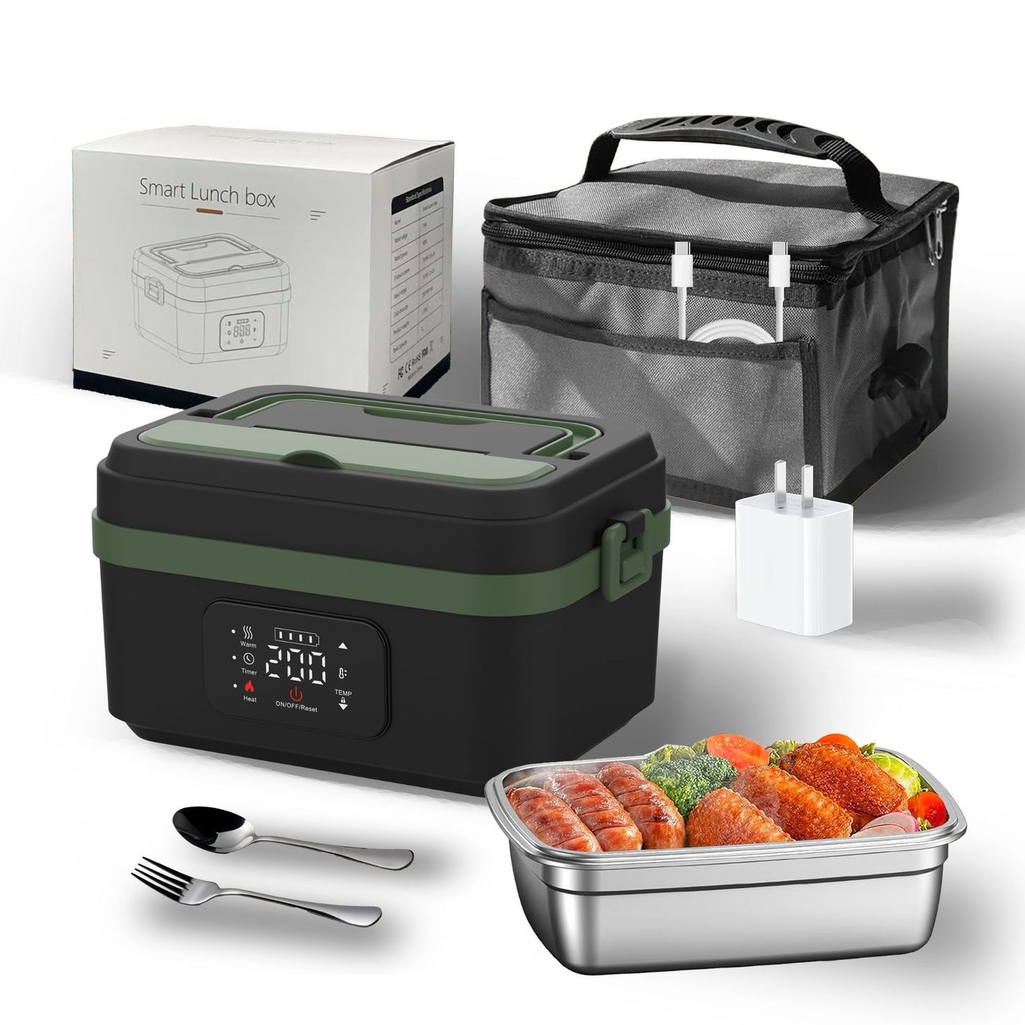 Electric Lunch Box Food Heater with LCD Display Timer & Carry Bag - Portable Self Heating Bento Box Stainless Steel Container for Work