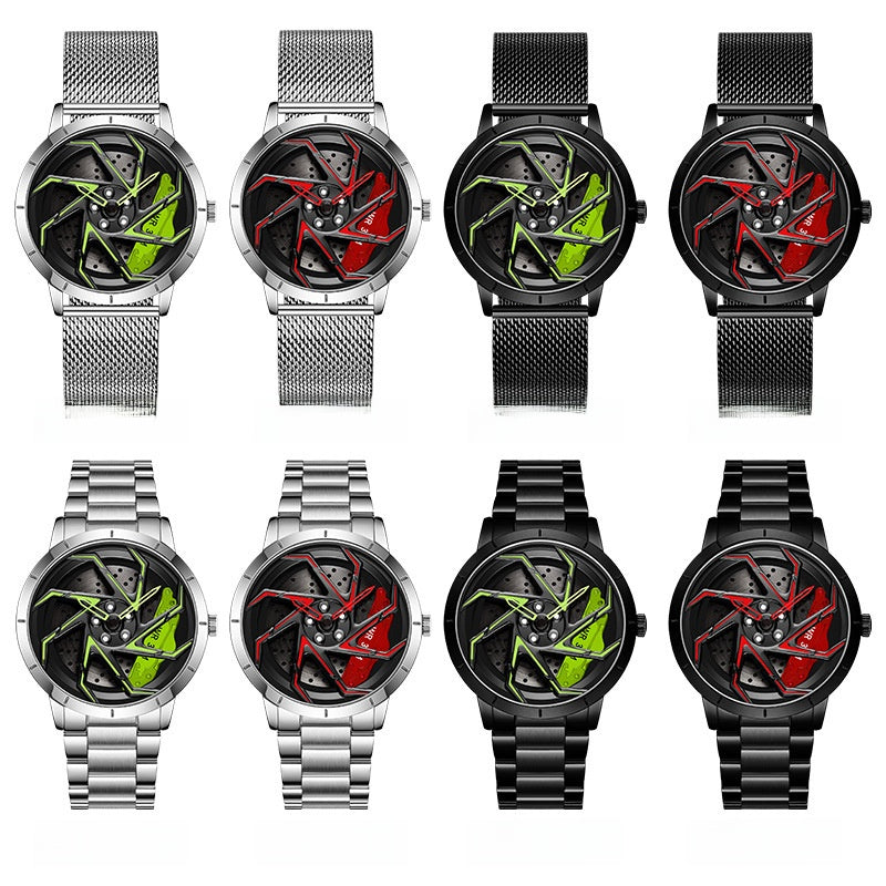 Bodeer Spinning Rim Watch Men | 3D Red Turbine Wheel Dial | Silver Stainless Steel Bracelet | Racing Car Enthusiast Watch
