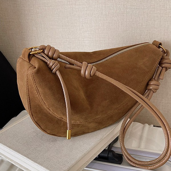 Black Suede Crescent Shoulder Bag | Knotted Strap Half Moon Hobo Bag with Gold Hardware & Charm