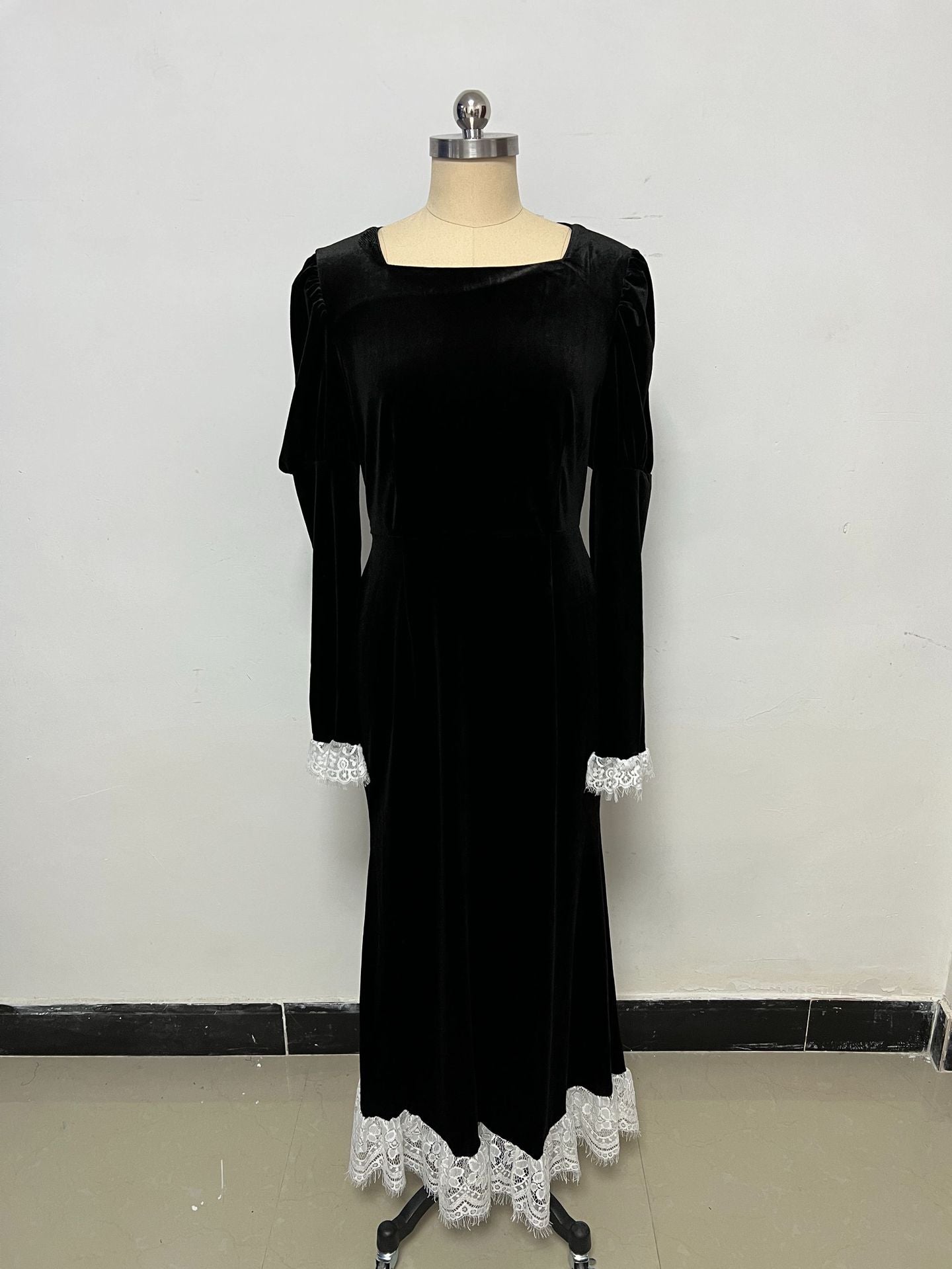 Black Velvet Maxi Dress with White Lace Cuffs & Hem | Women's Long Sleeve Square Neck Elegant Evening Gown