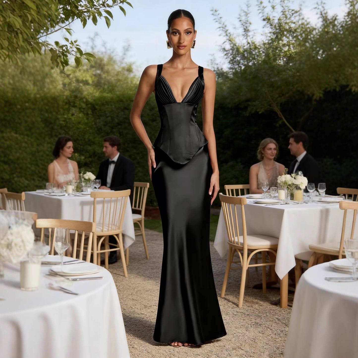 Rust Brown Satin Corset Maxi Dress | Deep V Neck Pleated Bust Mermaid Gown | Women's Elegant Formal Evening Dress | Wedding Guest & Gala Outfit
