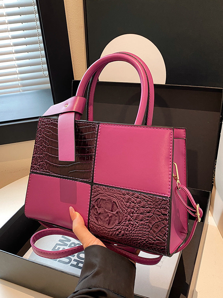 White Croc Embossed Color Block Tote Bag | Women's Luxury Style Top Handle Crossbody Handbag