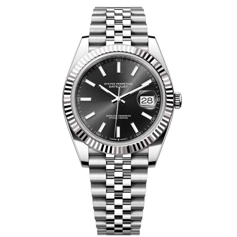 Men's Datejust Style Watch | Black Sunray Dial Fluted Bezel Date Window | Jubilee Bracelet Stainless Steel Luxury Chronometer Timepiece
