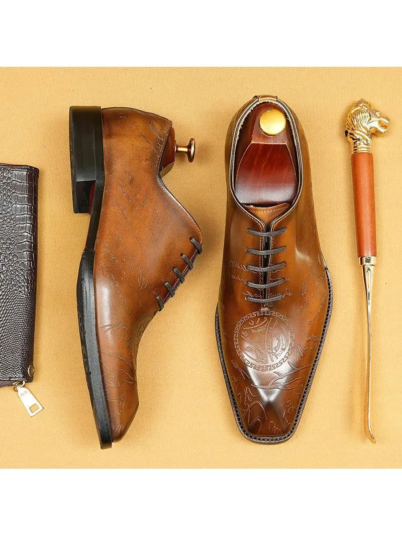 Men's Cognac Embossed Leather Oxford Dress Shoes | Handcrafted Lace-Up Formal Shoes