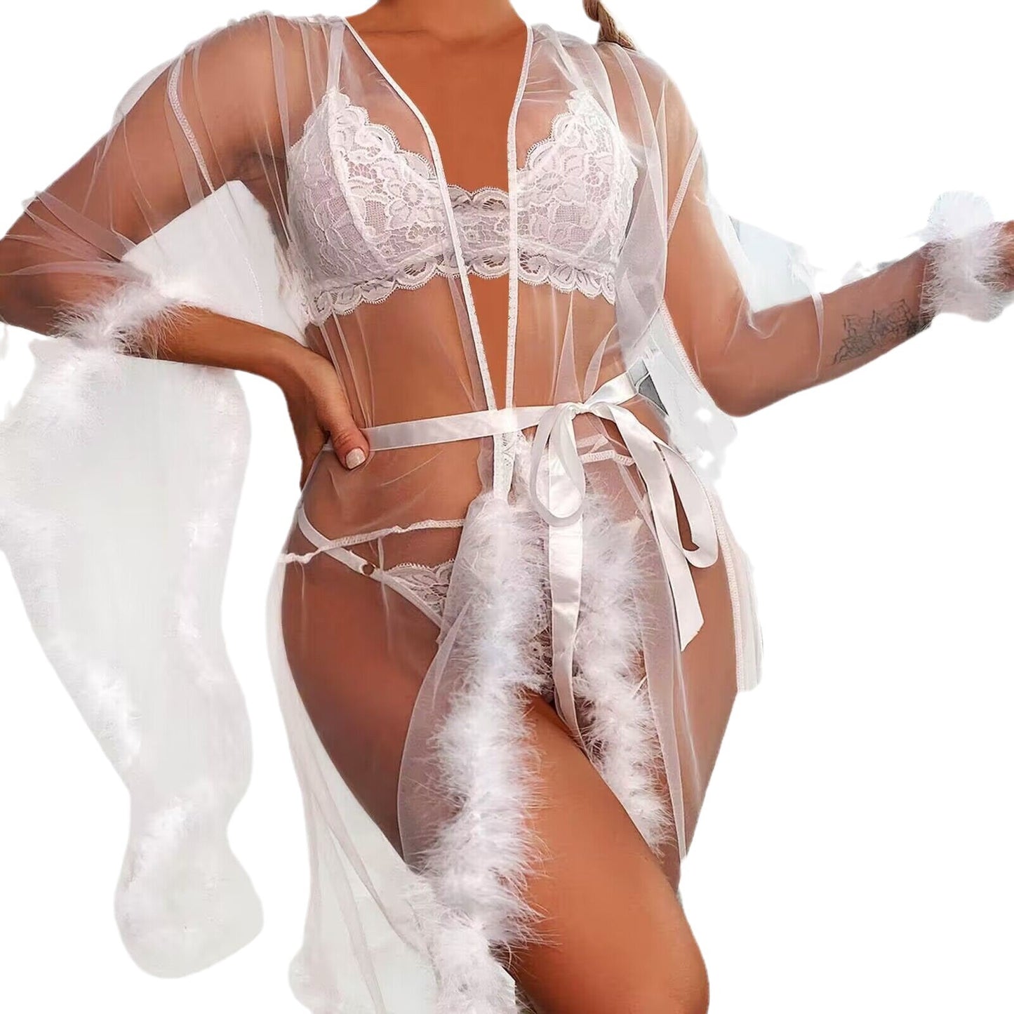 Feather Trim Sheer Mesh Lingerie Robe Set | 3-Piece Lace Bra Thong & Marabou Robe | Sexy Boudoir Intimates in Black Red White
