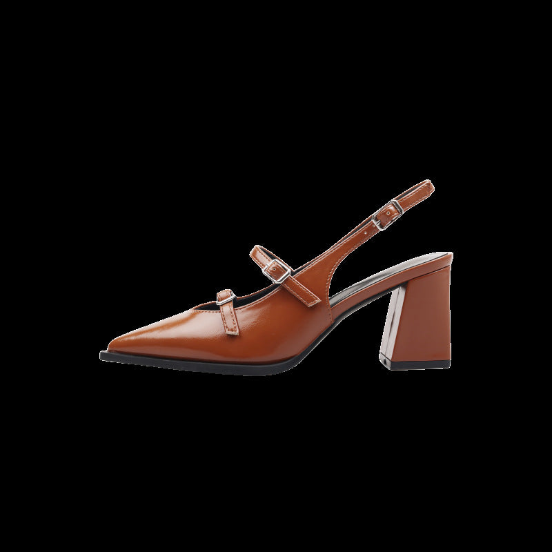 Black Leather Double Buckle Strap Pointed Toe Slingback Block Heel Pumps | Women's Mary Jane Style Mid Heel Shoes
