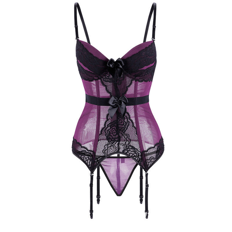 Purple & Black Lace Corset Lingerie Set | Bow Detail Bustier with Garter Straps & Thigh Highs