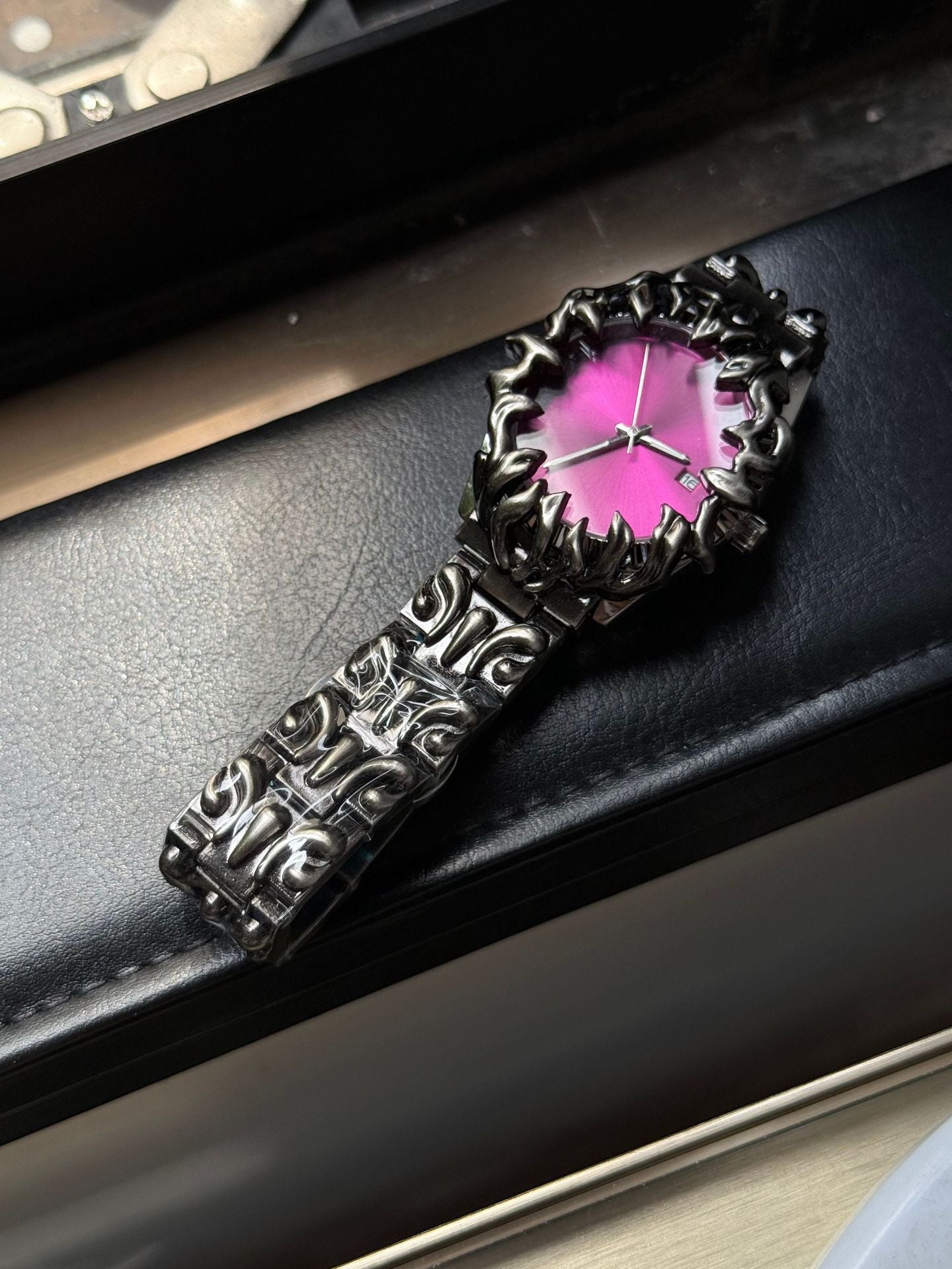 Men's Gothic Flame Watch | Red Dial Silver Flame Bezel Punk Vintage Quartz Date Stainless Steel Statement Watch