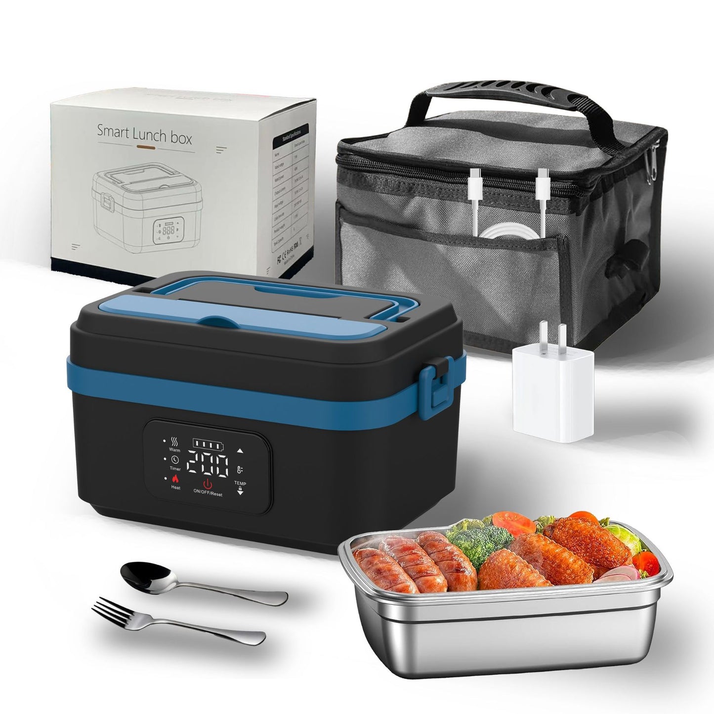 Electric Lunch Box Food Heater with LCD Display Timer & Carry Bag - Portable Self Heating Bento Box Stainless Steel Container for Work