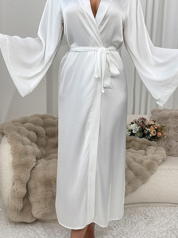 Women's Black Satin Maxi Robe with Belt Sexy Deep V Neck Flared Sleeve Floor Length Dressing Gown Kimono Sleepwear