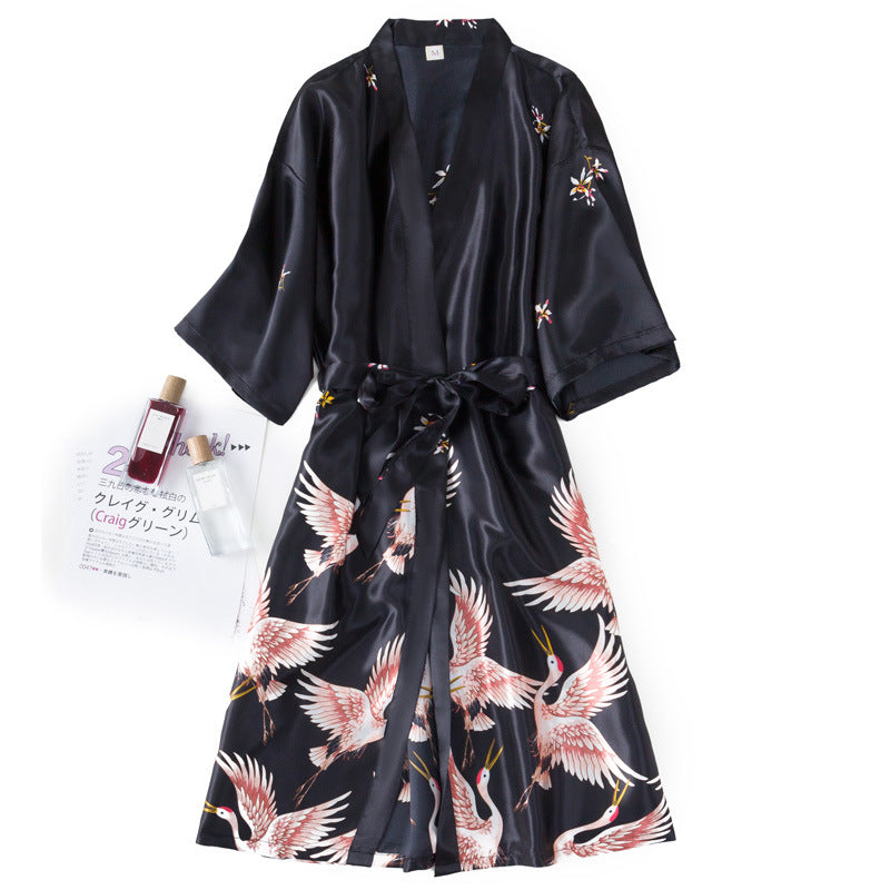 Navy Blue Satin Kimono Robe Women | Crane Print Silk-Feel Belted Robe | Luxury Sleepwear Loungewear Gift