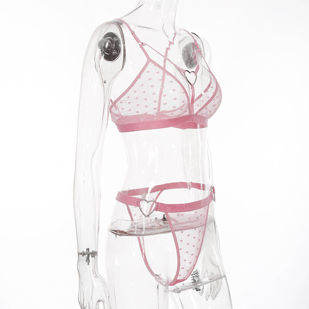 Women's Pink Sheer Mesh Heart Print Strappy Bralette & Thong Set ? Sexy 2-Piece Heart Ring Hardware Lingerie Set