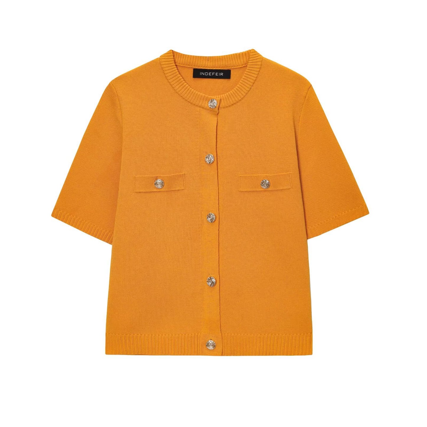 INDEFEIR Women's Burgundy Knit Cardigan - Short Sleeve Button Down Sweater with Gold Jewel Buttons & Chest Pockets - Elegant Cropped Knitwear for Fall Winter - Ladies Luxury Knit Top