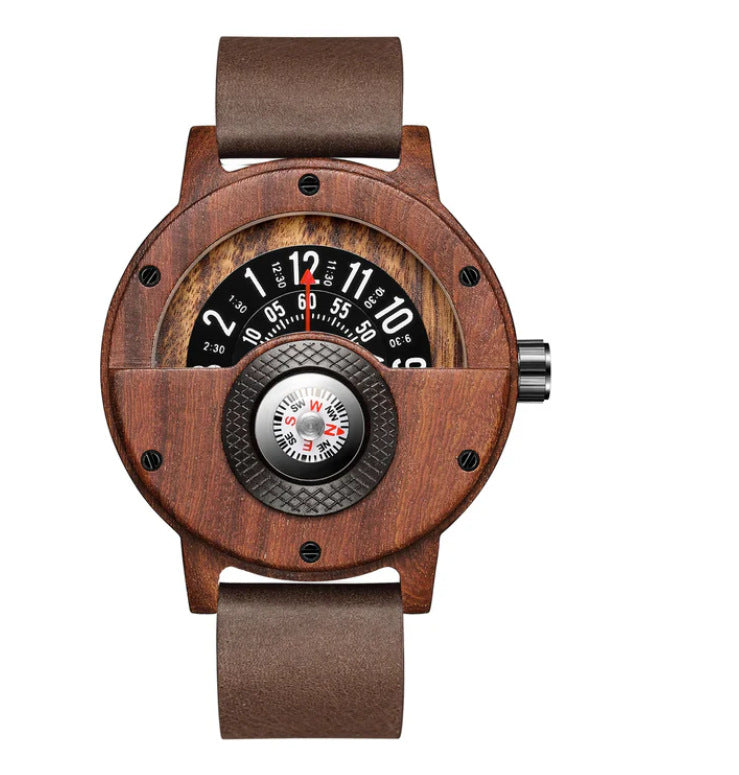 Mens Wooden Watch with Built In Compass Unique Turntable Dial Natural Wood Bracelet Quartz Wristwatch Handcrafted Gift for Men