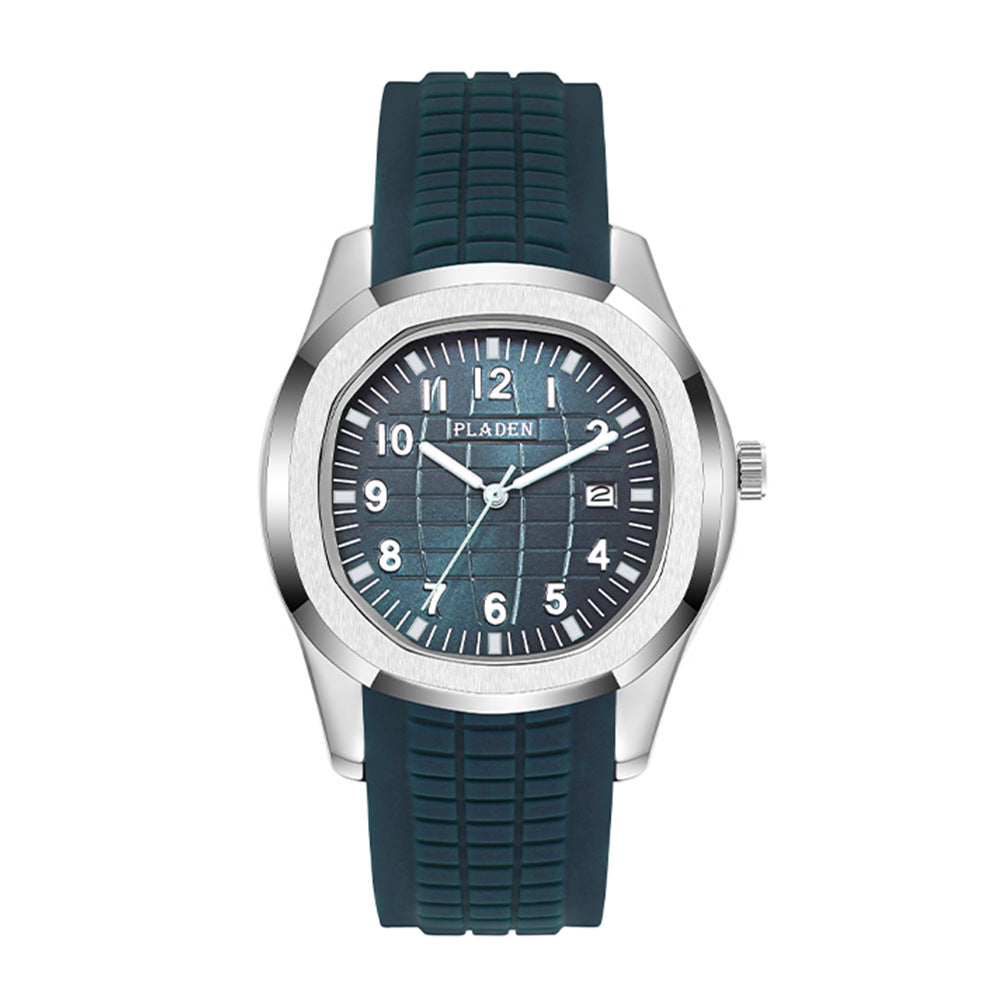 Pladen Men's Sport Watch | Grey Textured Dial Silver Case Black Rubber Strap Aquanaut Style Date Watch