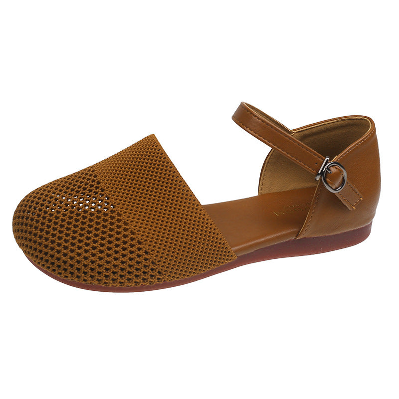 Tan Brown Mesh Cutout Flat Sandals for Women | Breathable Hollow Out Ankle Strap Flat Shoes | Casual Summer D'Orsay Sandals | Comfortable Everyday Flat Sandals