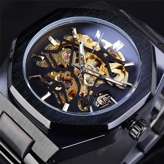 Men's Black Skeleton Automatic Watch | Gold Movement Octagonal Steel Bracelet Mechanical Watch