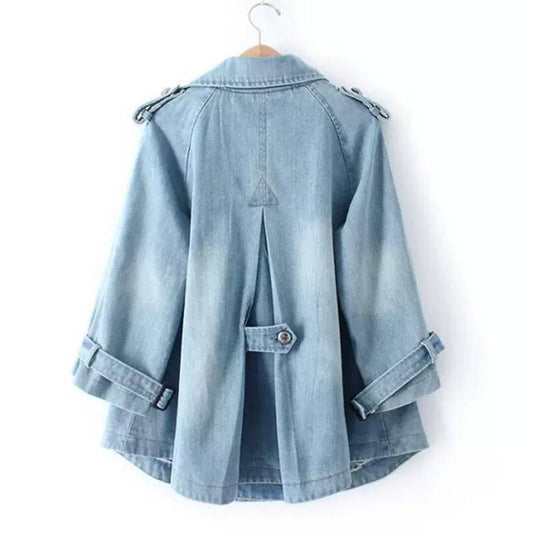 Damen Hellblauer Denim Trenchcoat Jacke - Zweireihiger Revers Jean Jacke mit Epauletten & Knopfmanschetten - Übergroße Lässige Oberbekleidung für Frühling Herbst