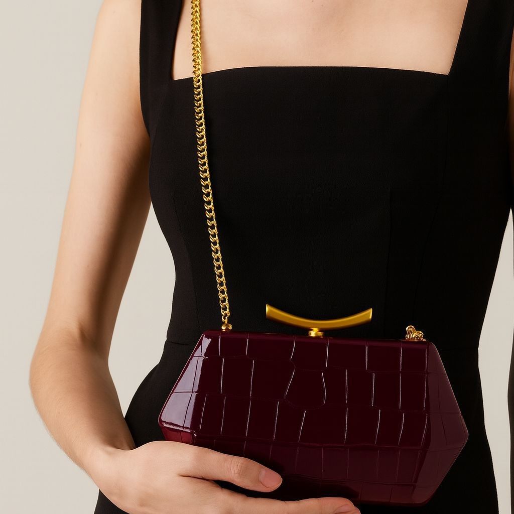 Burgundy Crocodile Embossed Evening Clutch - Wine Red Frame Bag with Gold Handle | Luxury Statement Purse for Special Events