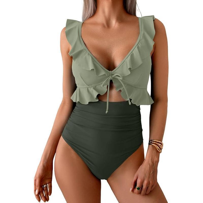 Teal Ruffle V-Neck Tie Front Cutout One Piece Swimsuit | High Waist Ruched Monokini | Women's Elegant Swimwear