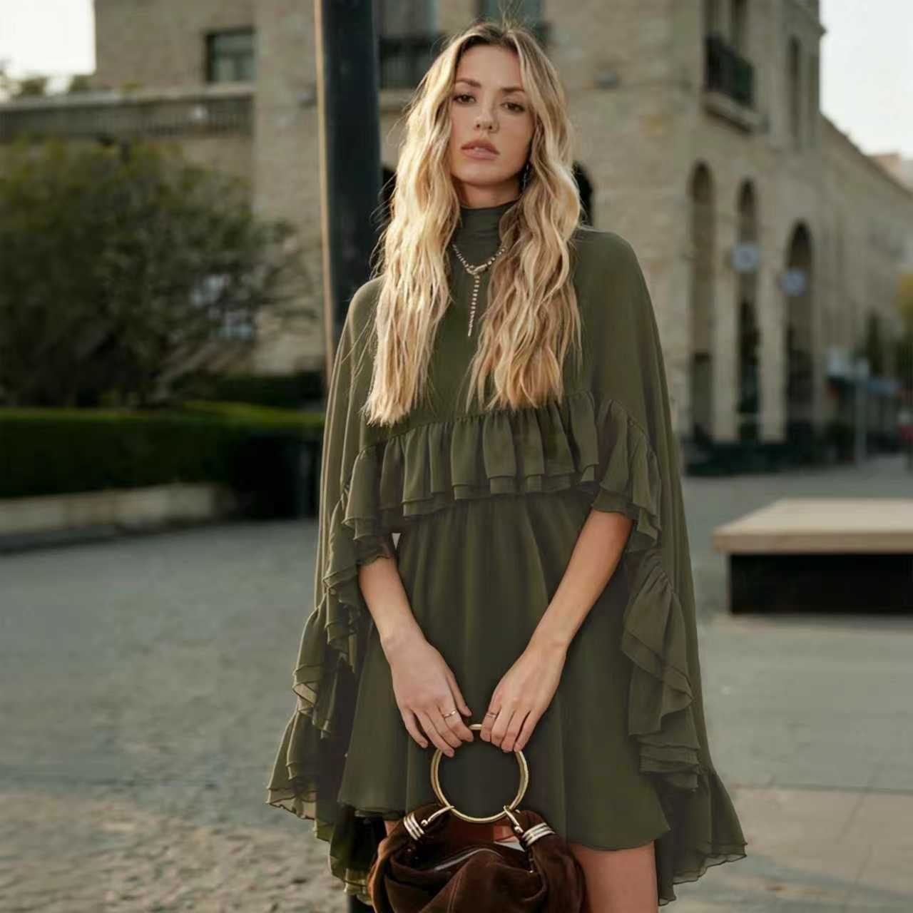 Brown Chiffon Ruffle Mini Dress | Mock Neck Long Sleeve Tiered Ruffle Flowy Short Dress for Women