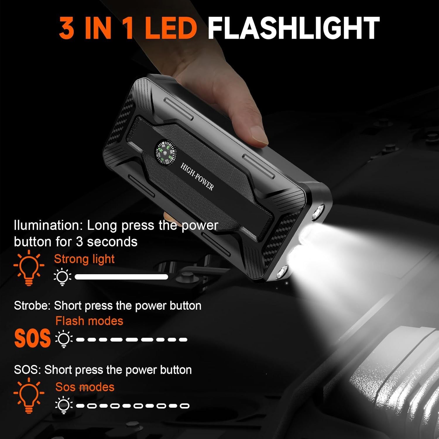 High Power Portable Car Jump Starter with LED Flashlight Compass & USB Power Bank ? Emergency Battery Booster with Carry Case