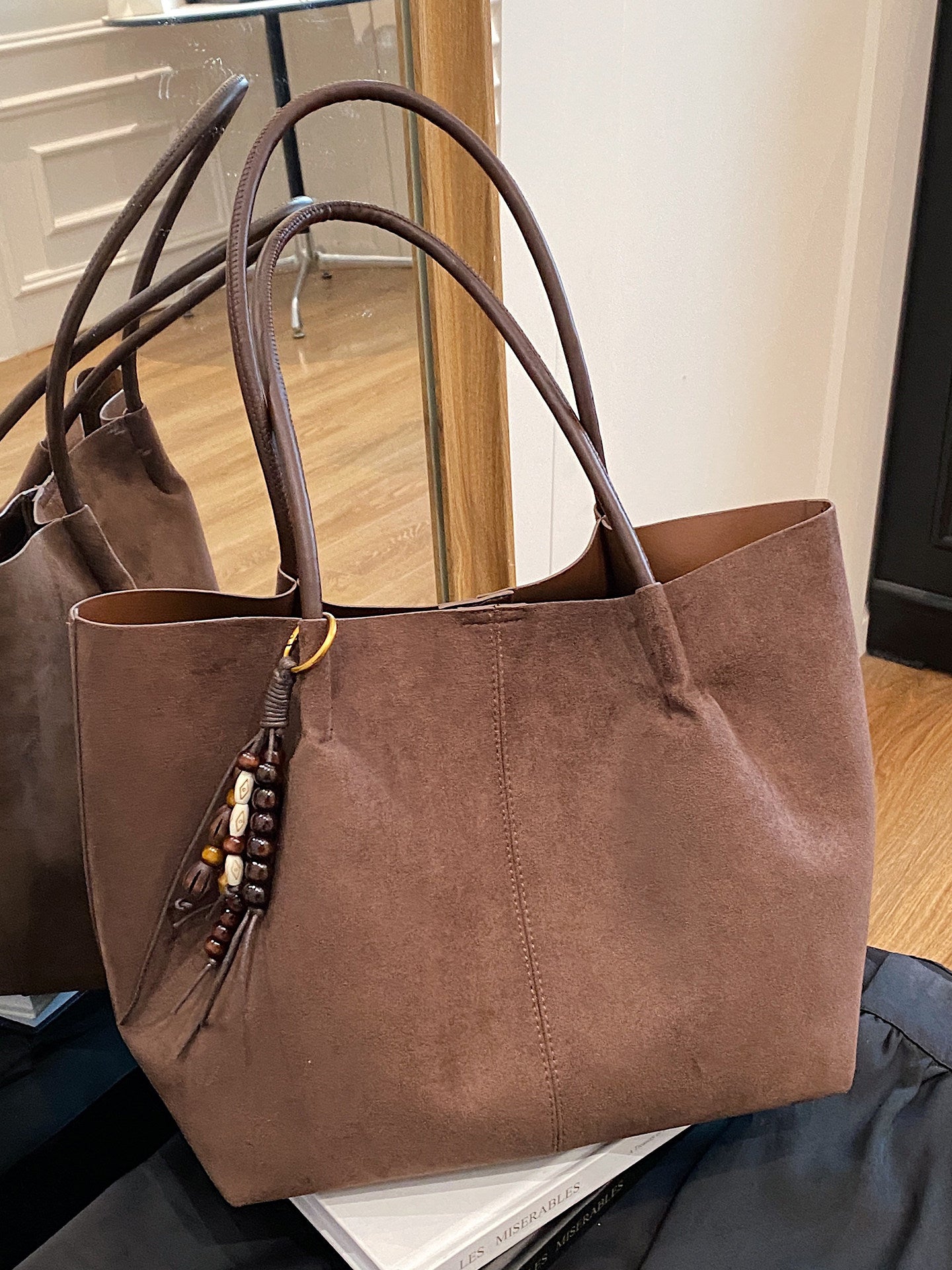 Olive Green Suede Tote Bag with Wooden Bead Charm | Large Shoulder Bag