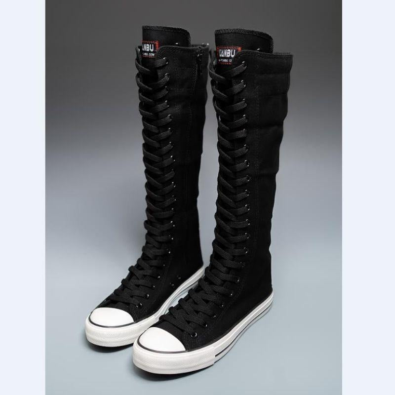 Stivali alti al ginocchio in tela bianca con lacci | Stivali sneaker alti con cerniera laterale | Scarpe alte da donna Punk Streetwear | Calzature in stile EMO Rock
